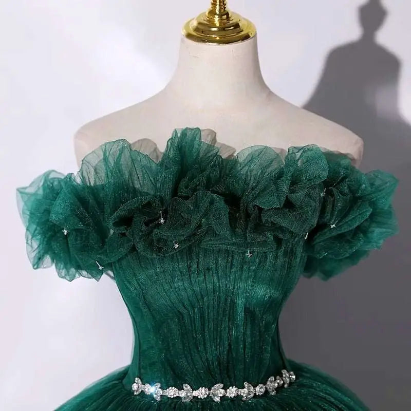 Emerald green tulle evening dress banquet with off-the-shoulder layered ruffles and a sparkling crystal belt
