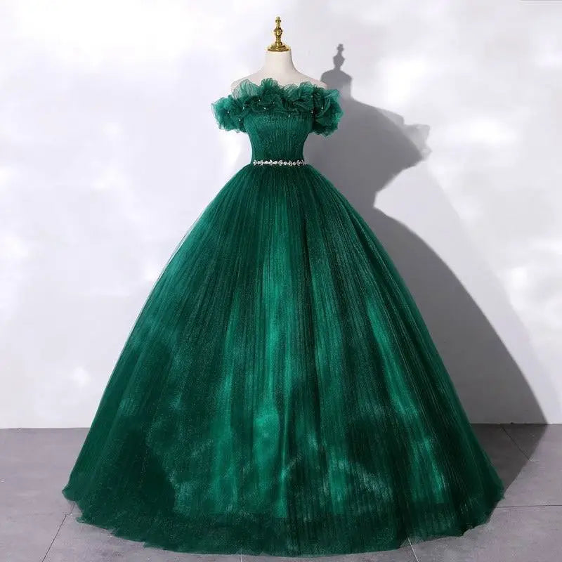 Emerald green tulle evening dress banquet with ruffled off-the-shoulder neckline and beaded waistband for dress banquet temperament