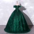 Emerald green tulle evening dress banquet with off-the-shoulder design and lace-up back showcasing dress banquet temperament