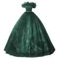 Emerald green tulle evening dress banquet featuring ruffled off-the-shoulder neckline and beaded waistband