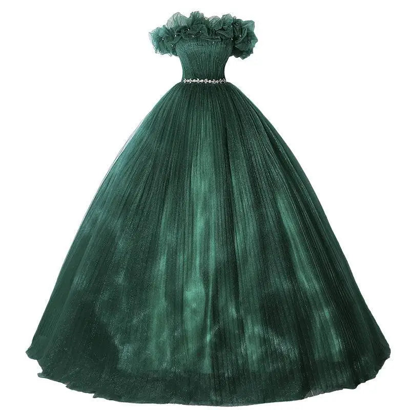 Emerald green tulle evening dress banquet featuring ruffled off-the-shoulder neckline and beaded waistband