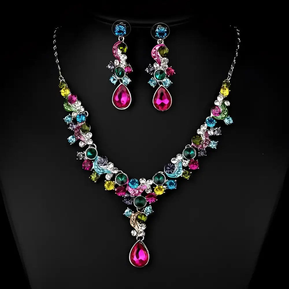 A vibrant multi-colored crystal wedding bride necklace and earrings set with silver-toned metal for western wedding photography