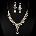 Gold-toned crystal wedding bride necklace and earrings set with teardrop pendants and clear rhinestone floral design for western wedding photography