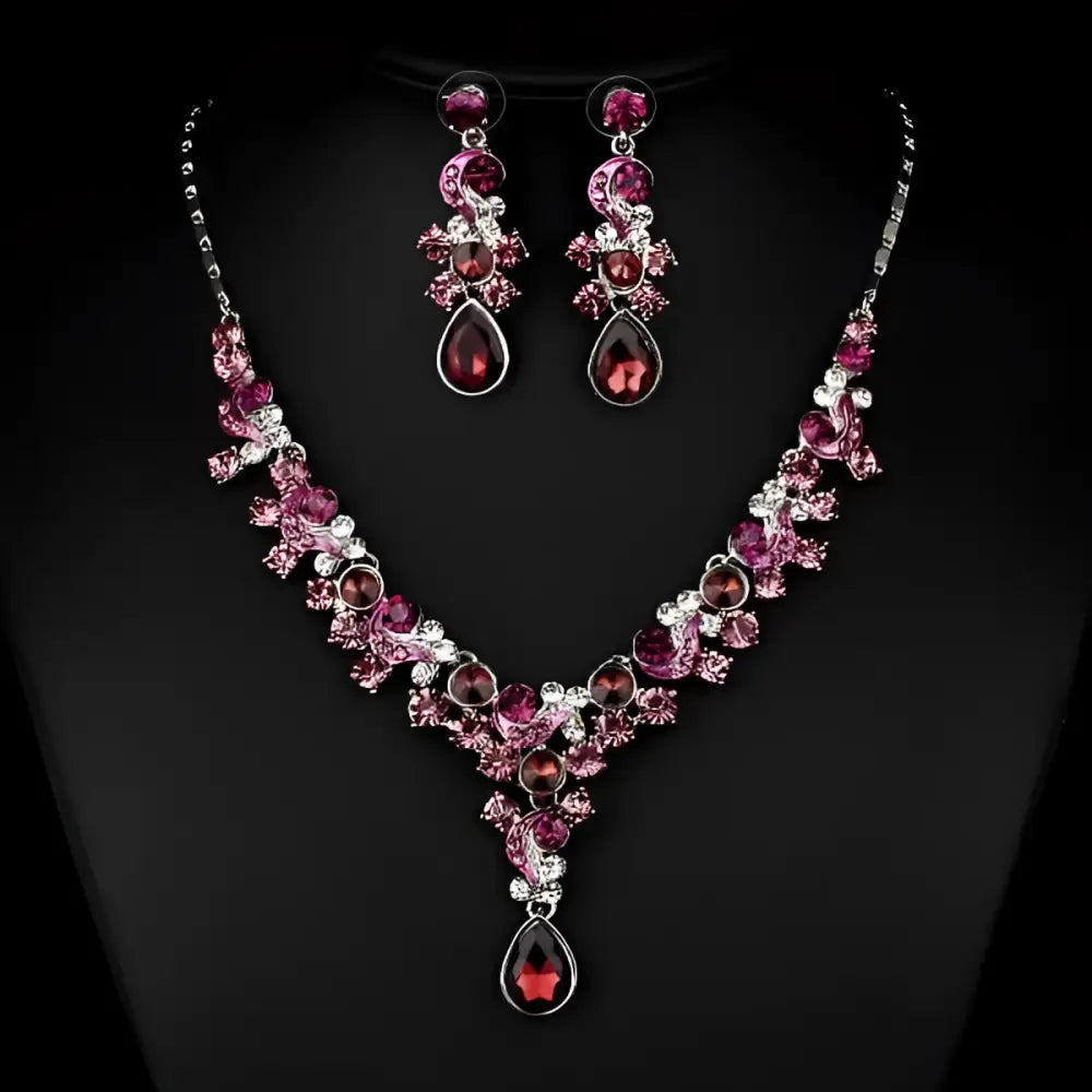 Elegant pink and silver crystal wedding bride necklace set with teardrop pendants for western wedding photography use