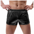 Black shiny faux leather mens loose casual shorts with stretchy elastic waistband for trendy emerald metallic mens style