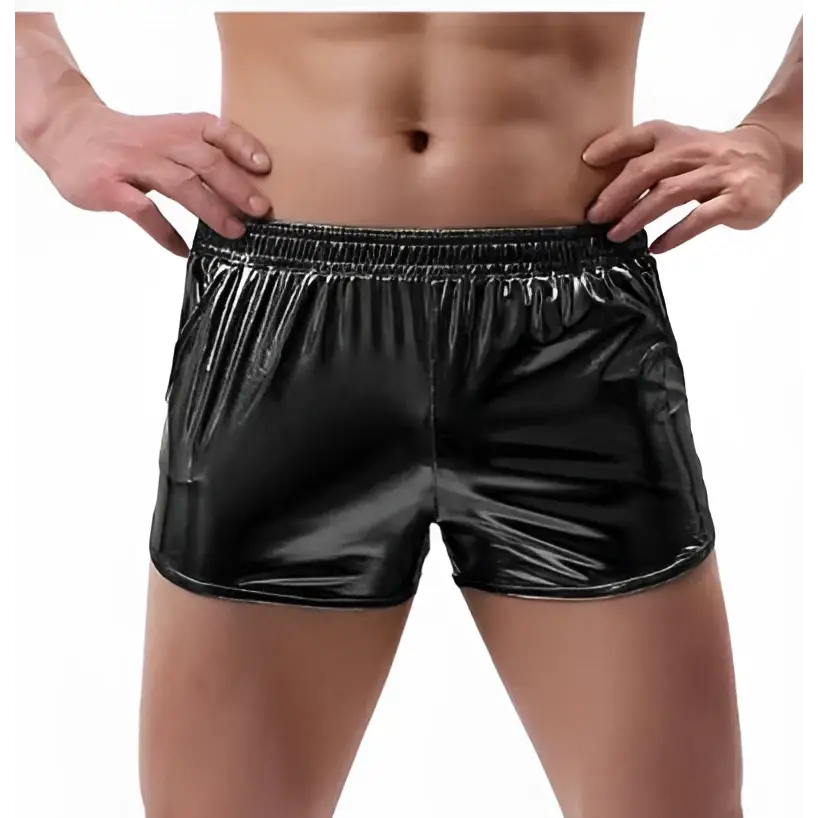 Black shiny faux leather mens loose casual shorts with stretchy elastic waistband for trendy emerald metallic mens style