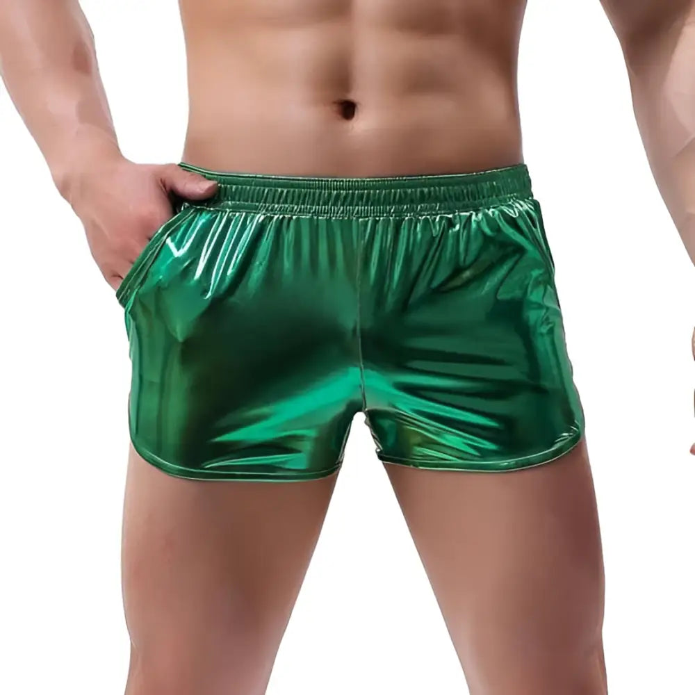 Shiny emerald metallic mens loose casual shorts with elastic waistband for trendy everyday wear