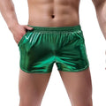 Shiny emerald metallic mens loose casual shorts with elastic waistband for trendy everyday wear