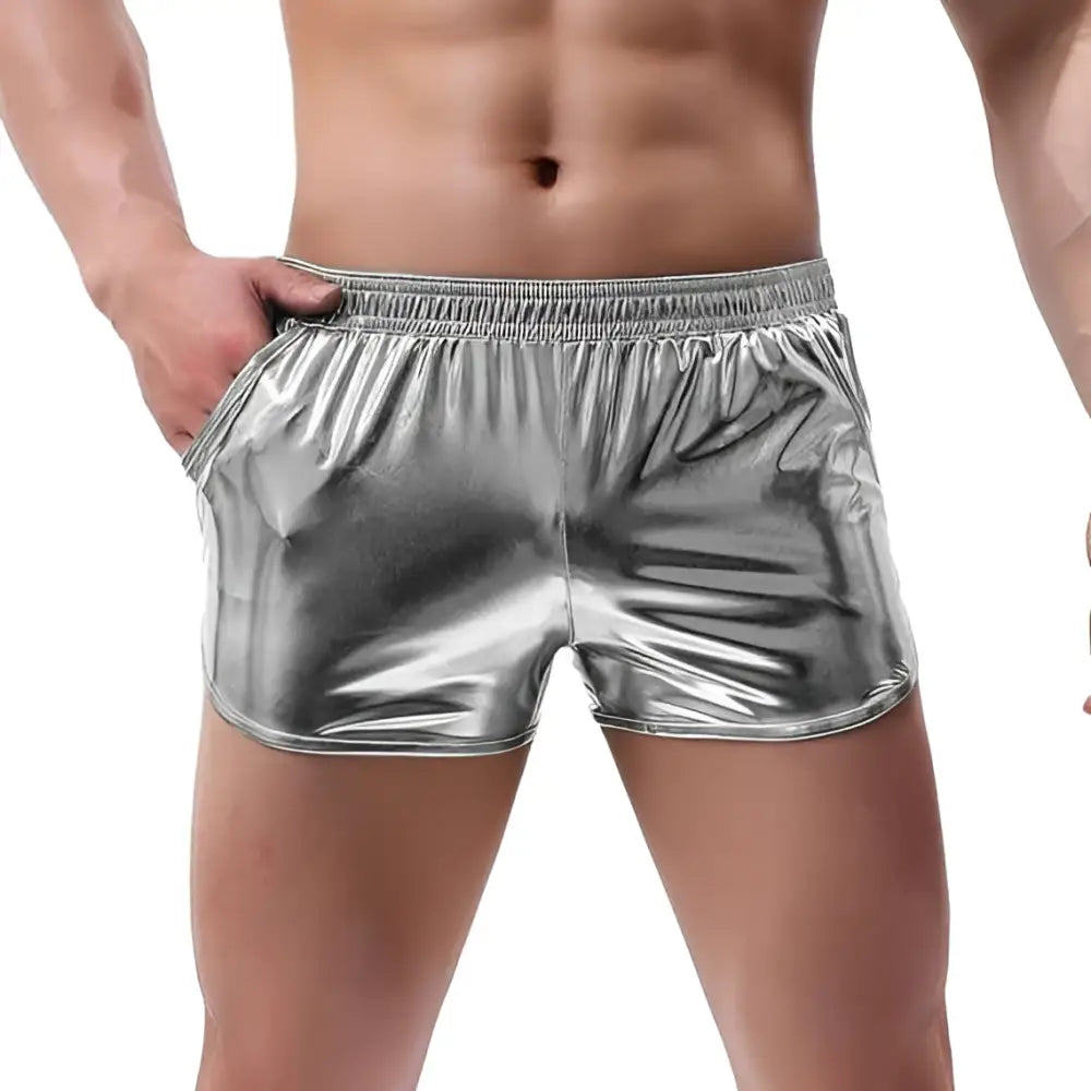 Emerald metallic mens loose casual shorts in shiny silver with elastic waistband for trendy casual wear