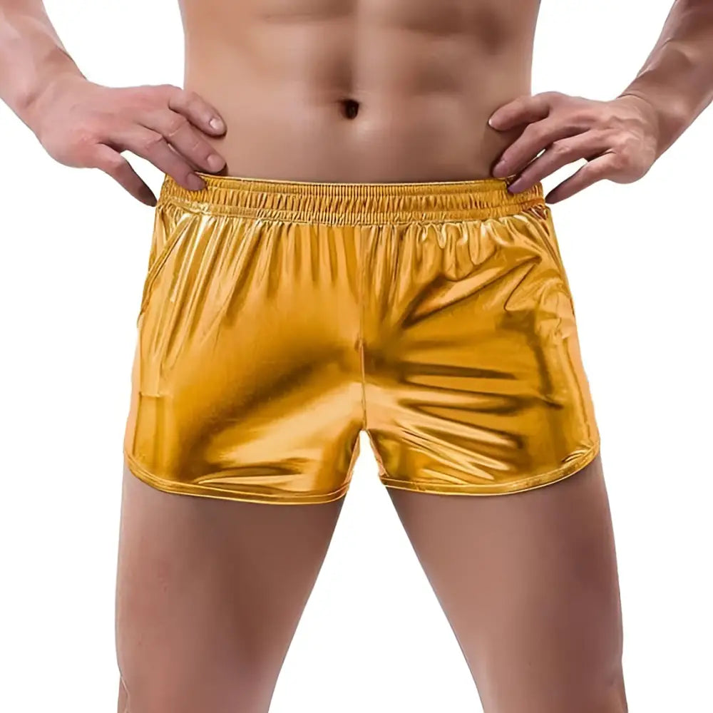 Shiny emerald metallic mens loose casual shorts with elastic waistband for trendy everyday wear