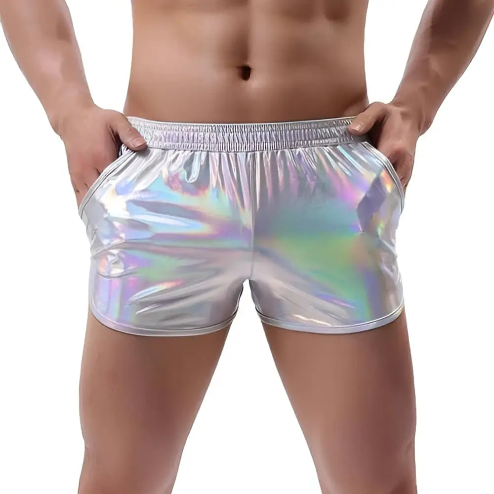 Emerald metallic mens loose casual shorts in shiny holographic silver with a reflective iridescent finish