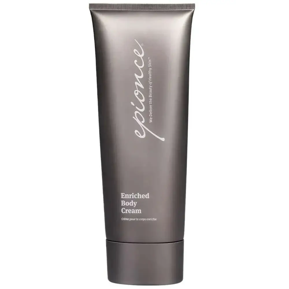 A sleek matte gray tube of epionce enriched body cream designed for dry skin and suitable for various skin types