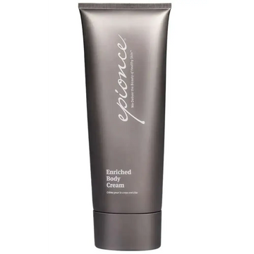 A sleek matte gray tube of epionce enriched body cream designed for dry skin and suitable for various skin types