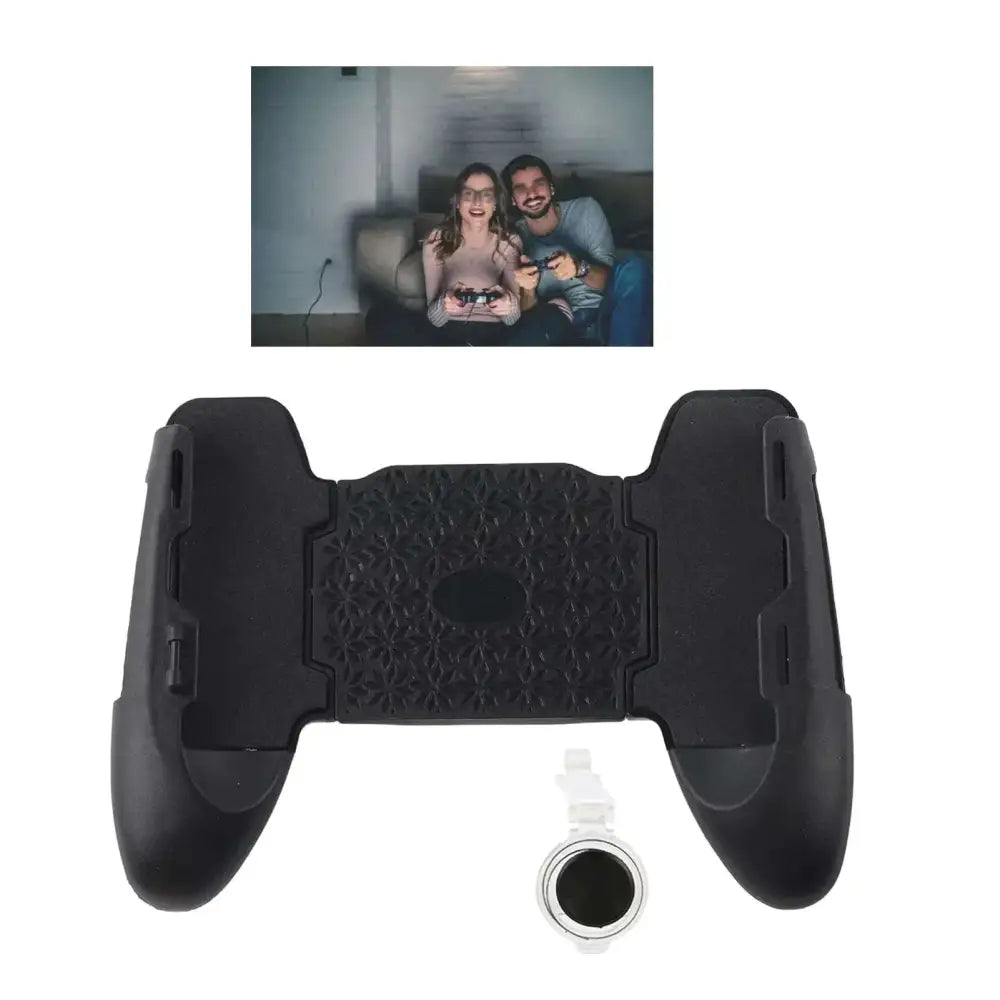 Black ergonomic mobile game controller grip with textured surface and adjustable thumbsticks for mobile phone gaming