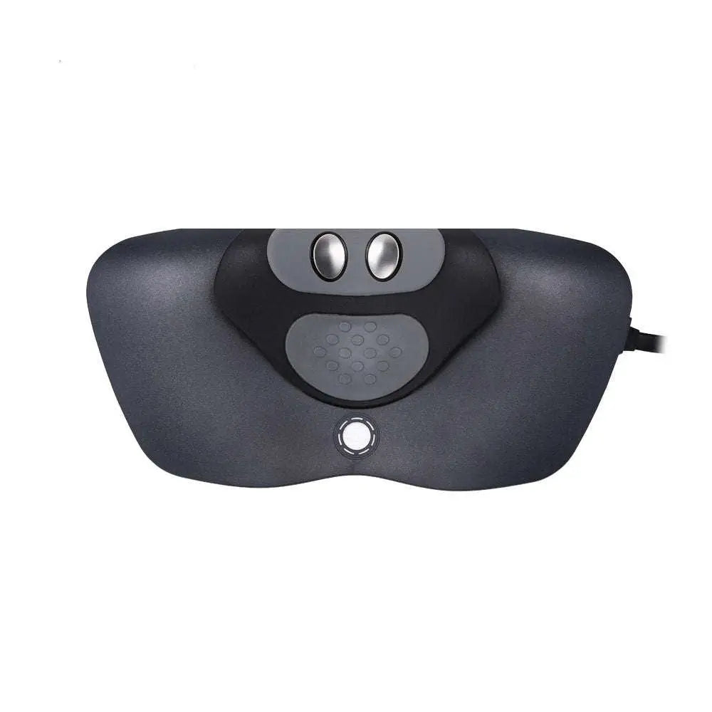 Black ergonomic neck health massager with silver digital control panel and textured grip for improved neck comfort and relief