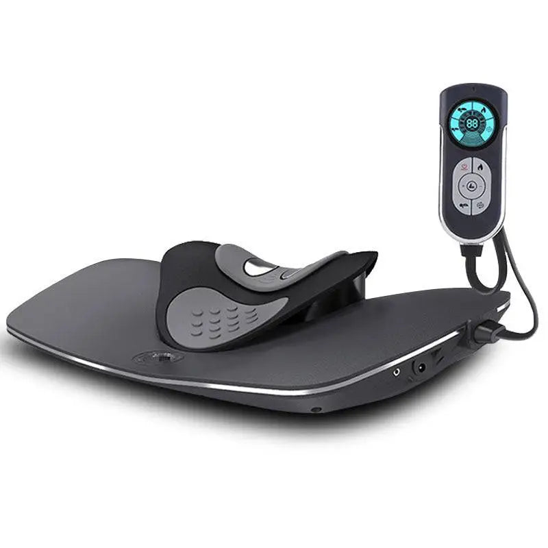 Black and gray ergonomic neck health massager chair with digital control panel for targeted neck therapy