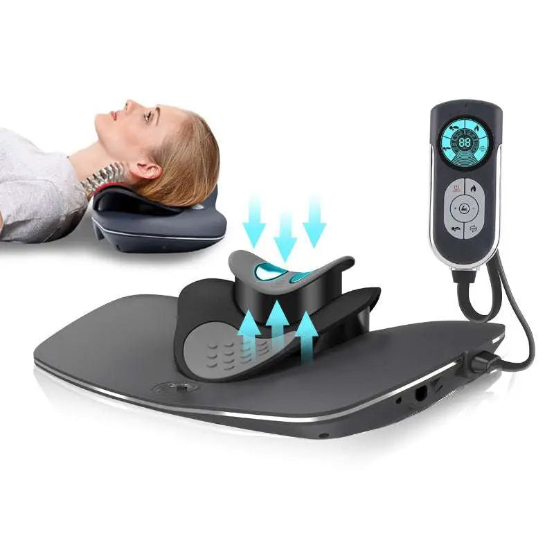 Black ergonomic neck health massager with adjustable head support and digital control panel for neck pain relief