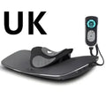 Black ergonomic neck health massager with sleek contoured design and digital control panel remote for pain relief