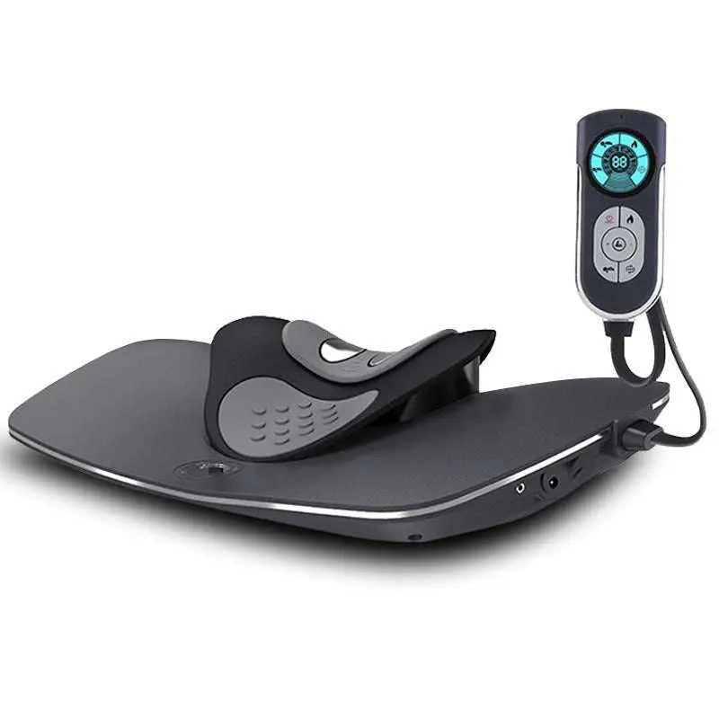 Black and gray ergonomic neck health massager chair with digital control panel for precision neck relief and comfort