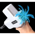 Ergonomic white and black massage stick hammer with white plastic fascia gun, black handle, and blue airflow arrows