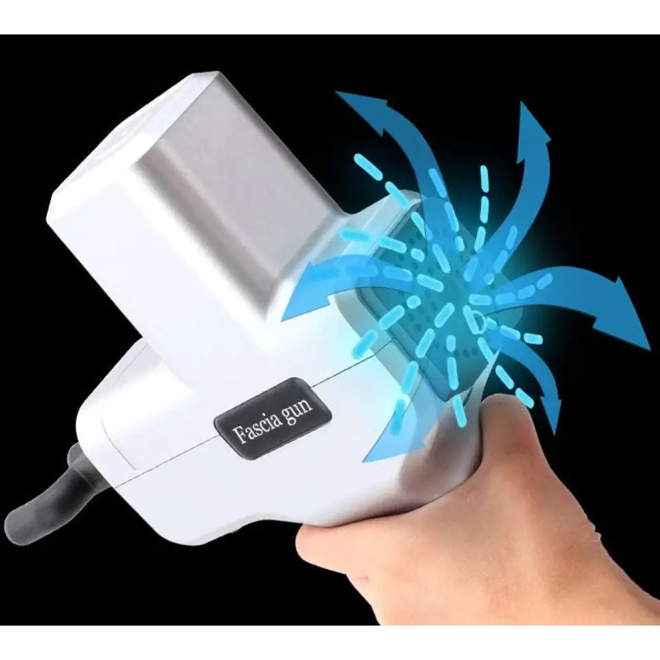 Ergonomic white and black massage stick hammer with white plastic fascia gun, black handle, and blue airflow arrows