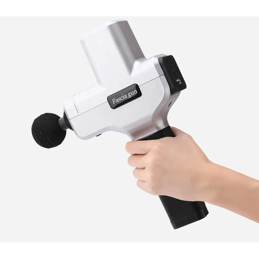Ergonomic white and black massage stick hammer with textured grip and rounded head for effective muscle relief
