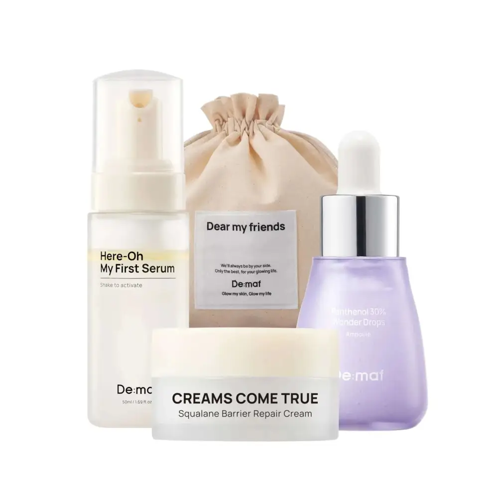 Essential skincare products kit featuring de-mat white pump serum and lavender 30 percent hyaluronic acid drops bottle