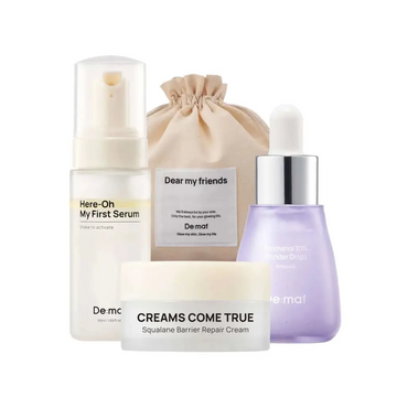 Essential skincare products kit featuring de-mat white pump serum and lavender 30 percent hyaluronic acid drops bottle