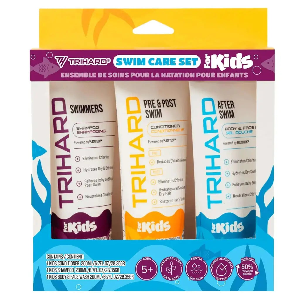 Tri hard essential swim care kit for kids with eco friendly packaging includes shampoo purple, conditioner orange, and body wash blue