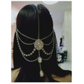 Silver chain ethnic purple crystal style headwear with dangling crystal pendants and a central ornate oval centerpiece