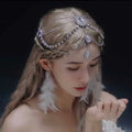 Delicate silver ethnic purple crystal style headwear hair accessory with clear and purple crystals and teardrop charms