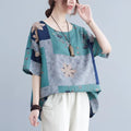 Ethnic style loose teal and gray patchwork blouse with round neck floral embroidery for casual wear