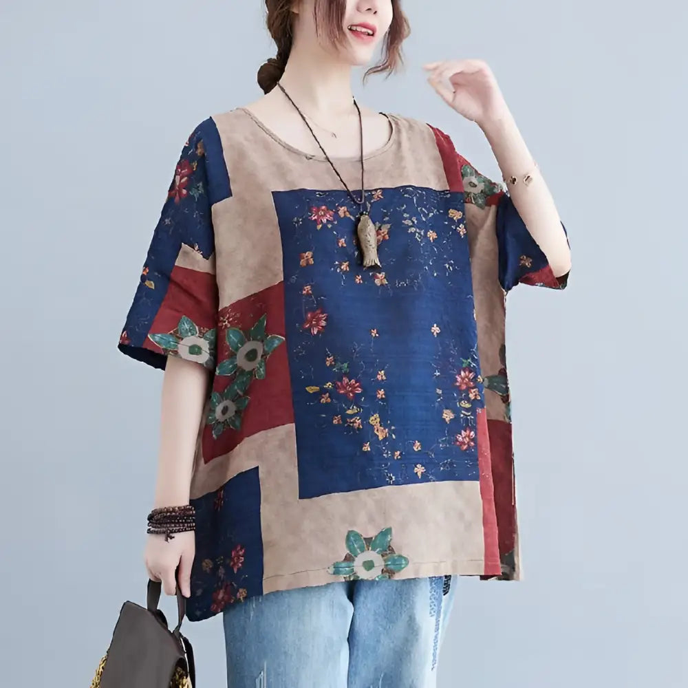 Ethnic style loose round neck floral patchwork blouse with earthy beige blue red panels and green orange embroidery