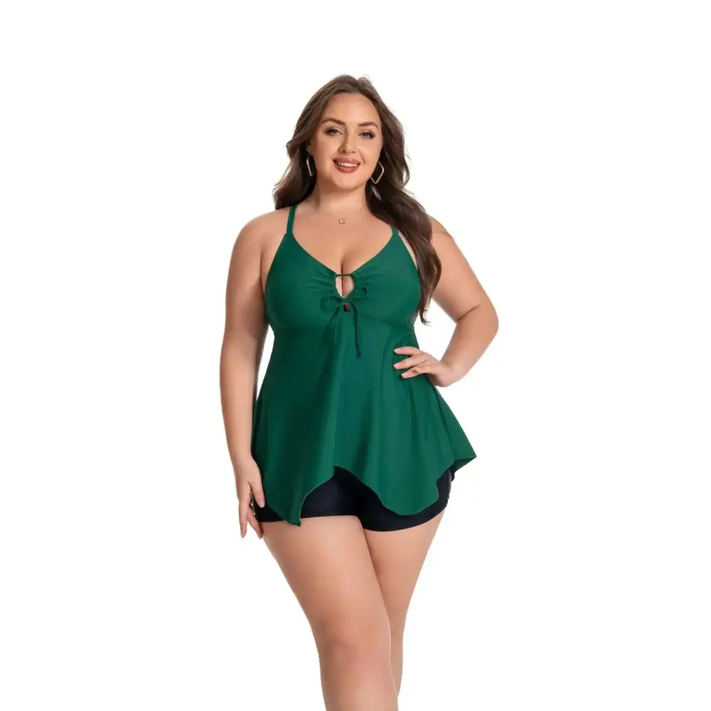 Etomax women plus emerald green tummy control tankini top with keyhole front tie and flared hem bathing suit top