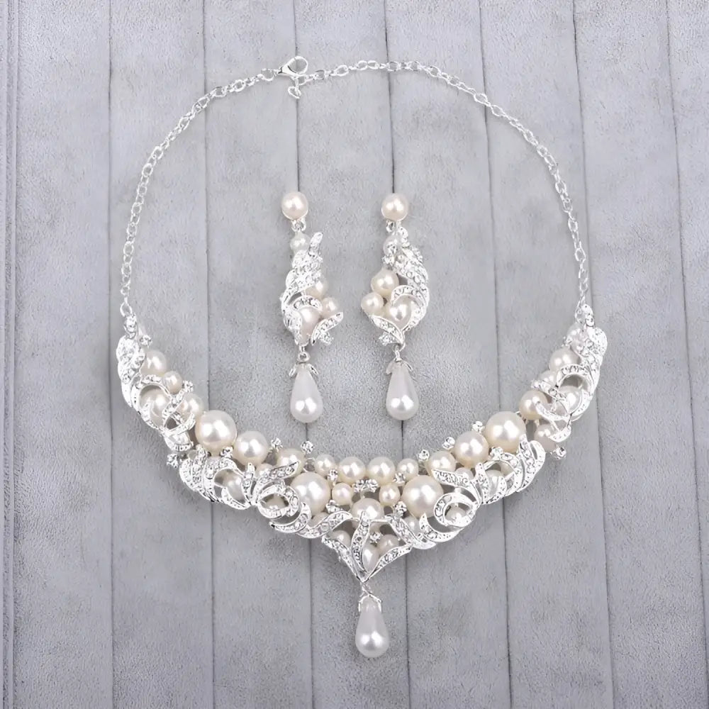 Elegant europe pearl necklace rhinestone bridal jewelry set with silver finish cream pearls and matching drop earrings
