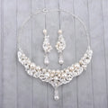 Elegant silver-toned europe pearl necklace and matching earrings set with cascading pearls and rhinestone accents