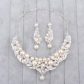 Elegant europe pearl necklace rhinestone bridal jewelry set with silver finish cream pearls and matching drop earrings