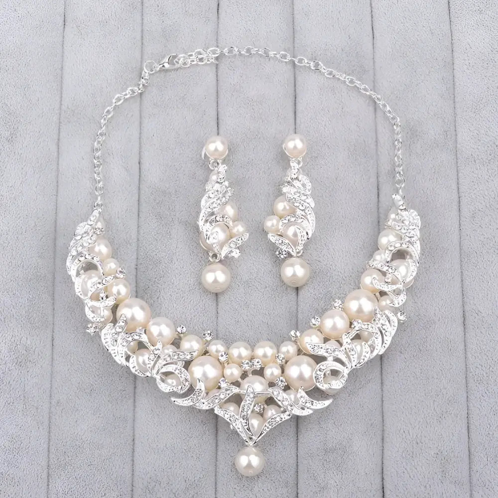 Elegant europe pearl necklace rhinestone bridal jewelry set with silver finish cream pearls and matching drop earrings