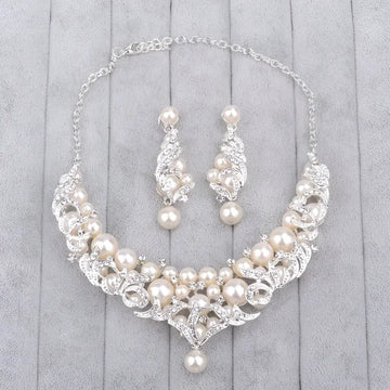 Elegant europe pearl necklace rhinestone bridal jewelry set with silver finish cream pearls and matching drop earrings