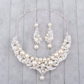 Elegant silver-toned europe pearl necklace and earrings set with cream pearls and rhinestones in floral design for bridal use