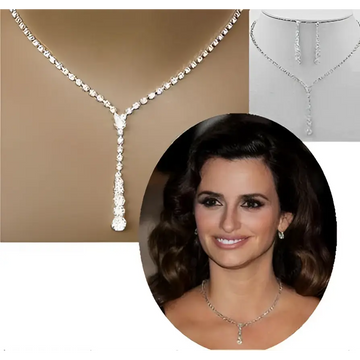 A europe simple bride rhinestone necklace with a y-shaped design and cascading drop pendant in silver tone