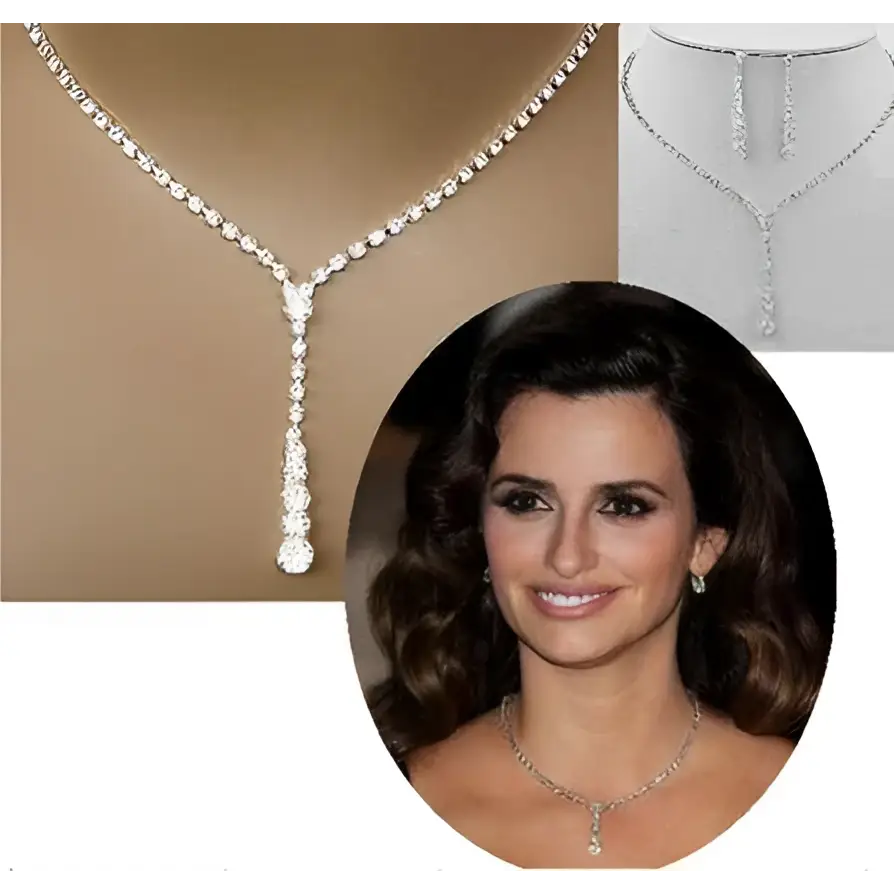 A europe simple bride rhinestone necklace with a y-shaped design and cascading drop pendant in silver tone