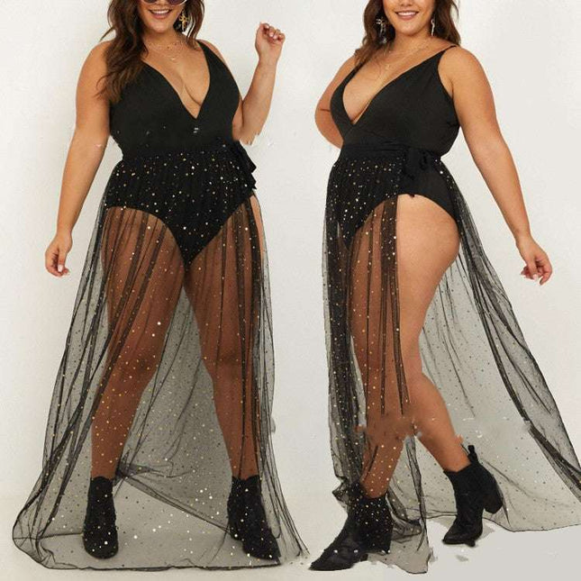 European And American Plus Size Sequined Mesh Skirt Side Slit Lace - Up Skirt - Royalessencelux
