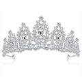 A sparkling silver bridal crown european style adorned with intricate teardrop crystals and pear-shaped stones