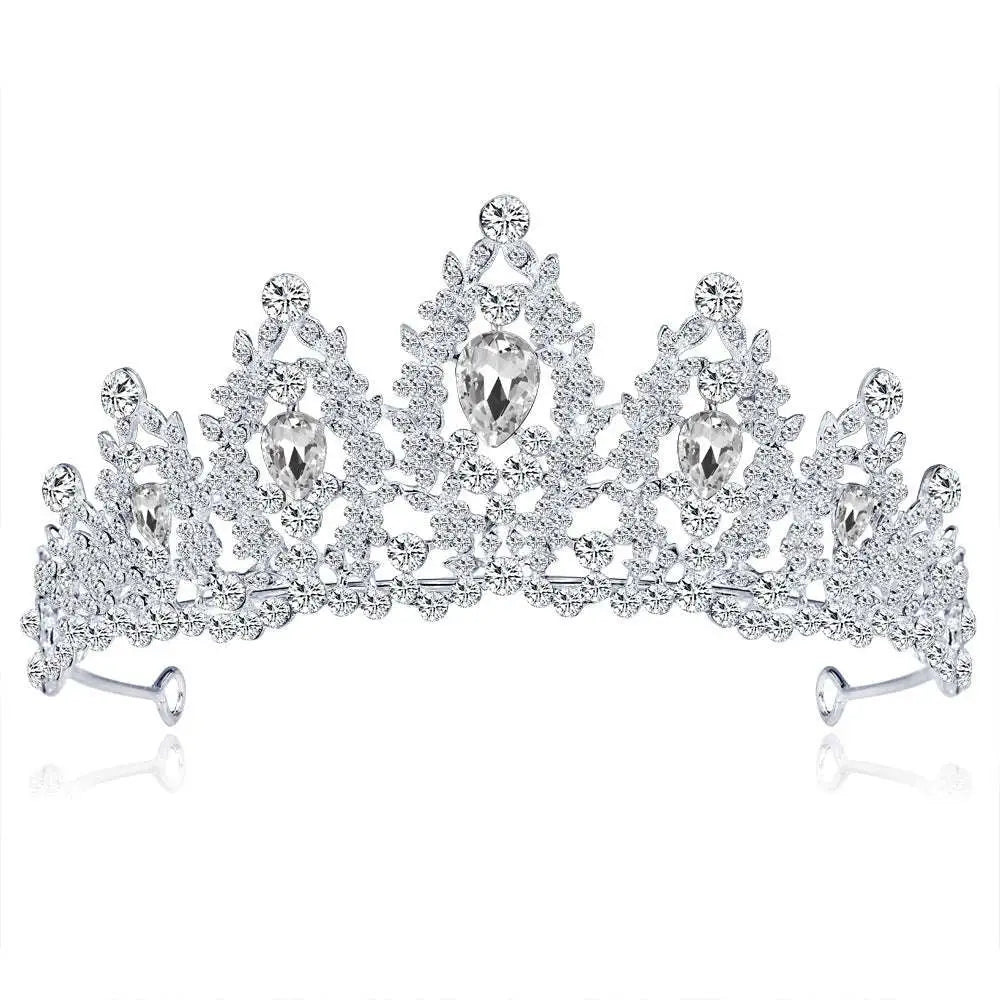A sparkling silver bridal crown european style adorned with intricate teardrop crystals and pear-shaped stones