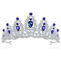 European bridal crown sparkling silver bridal tiara with deep blue teardrop crystals and intricate leaf design