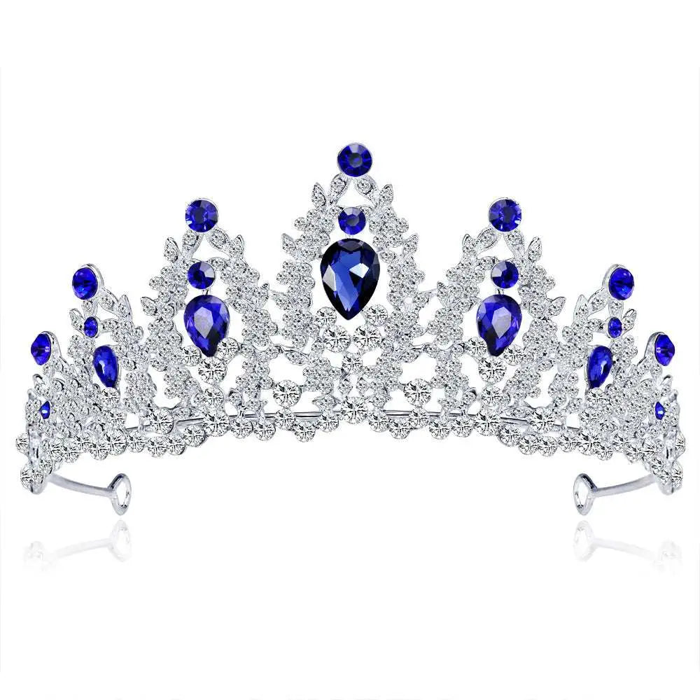 European bridal crown sparkling silver bridal tiara with deep blue teardrop crystals and intricate leaf design