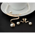 Gold-toned european fashion diamond crystal pearl jewelry set necklace with wave design, rhinestones, and white pearls