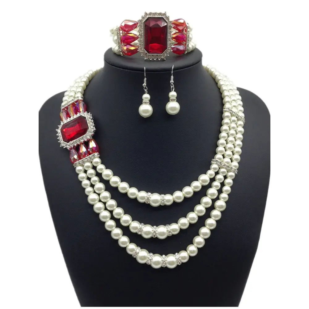 Elegant european fashion diamond gemstone pearl jewelry set with three-strand pearl necklace and red gemstone accents