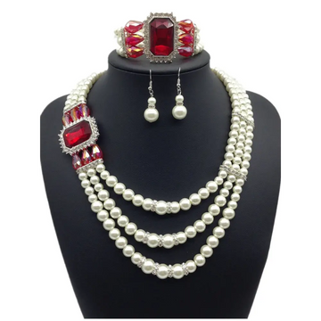 Elegant european fashion diamond gemstone pearl jewelry set with three-strand pearl necklace and red gemstone accents